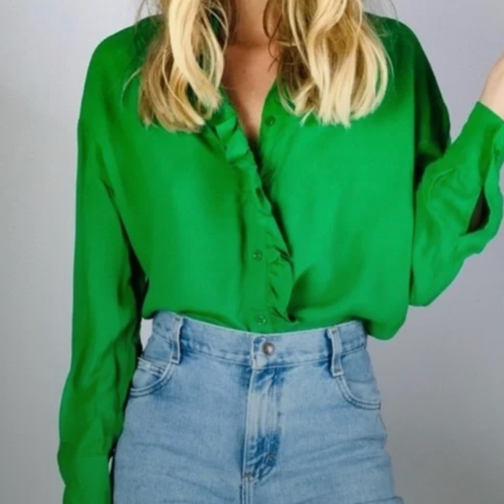 Zara ruffle trim button down oversized shirt green